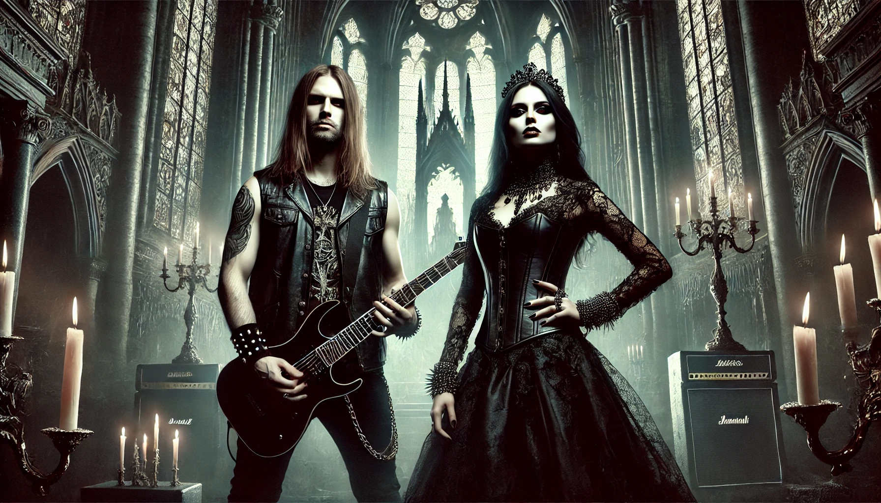 Metalhead man with a guitar and a gothic woman in a flowing black lace dress, standing in a gothic cathedral with stained-glass windows and flickering candles, exuding dark and rebellious energy.
