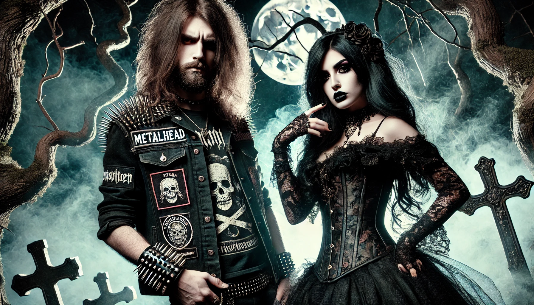 Metalhead man in a black denim jacket and gothic woman in a Victorian lace dress standing in a misty, moonlit forest, exuding a dark and mysterious energy.