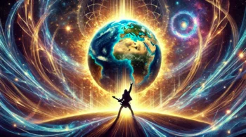 Glowing Earth with energy waves, cosmic galaxy background, and a guitarist silhouette symbolizing unity and power of music.