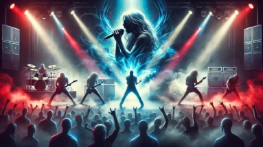 Epic digital artwork of a Finnish metal band performing on stage with vibrant blue and red lights, a dynamic crowd, and intense energy.