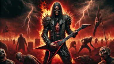 Menacing figure with a flaming guitar in a fiery battlefield, evoking Slayer's raw energy and intense thrash metal chaos.