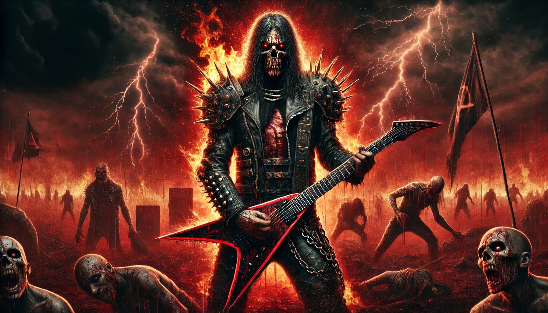 Menacing figure with a flaming guitar in a fiery battlefield, evoking Slayer's raw energy and intense thrash metal chaos.