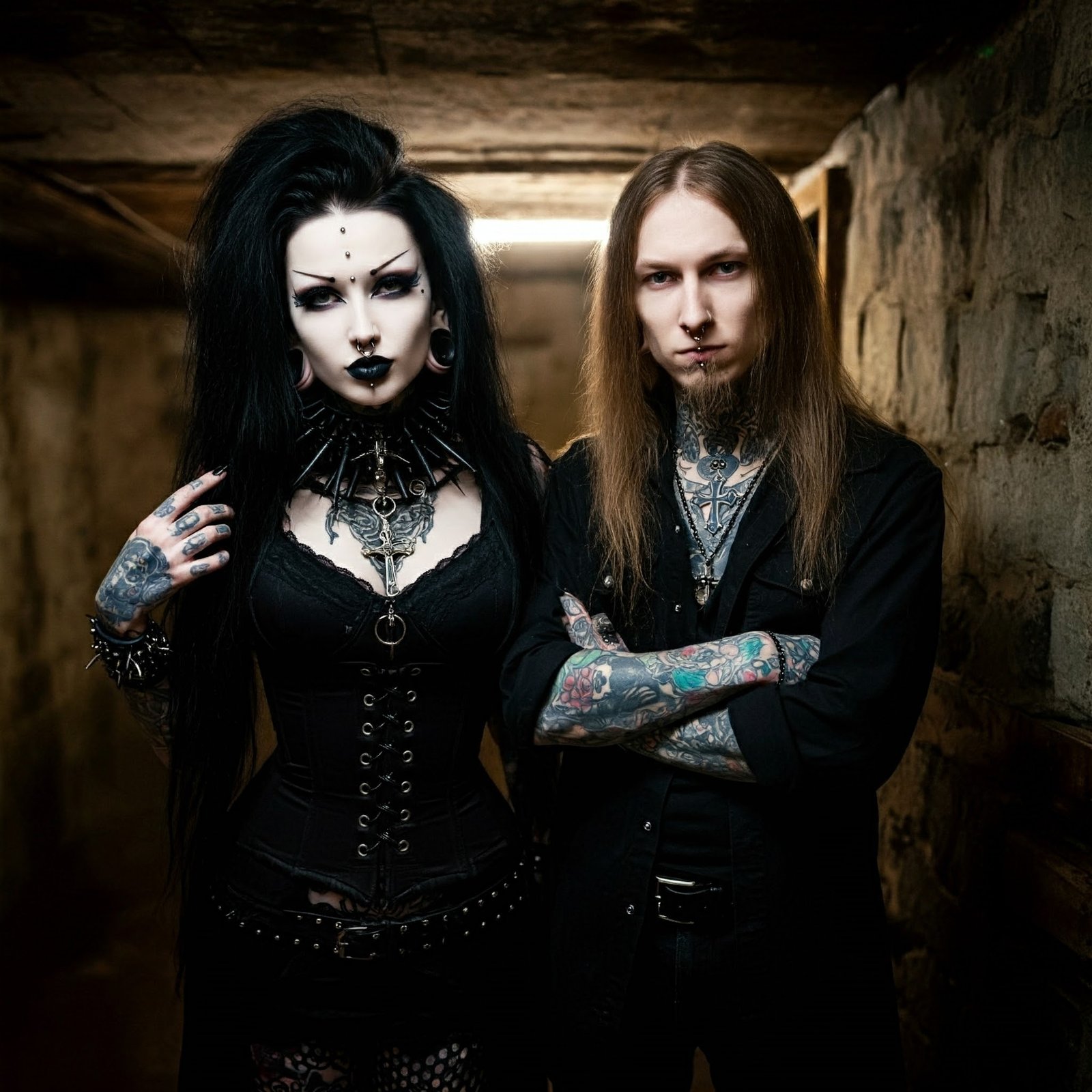 "Gothic woman and black metalhead male in dark attire, tattoos, piercings, and intense makeup in a dimly lit underground hallway."

"Gothic couple with piercings, tattoos, in dark alleyway; shadowy figures in background add intensity and rebellious vibe."

"Close-up of gothic woman and metalhead male with piercings, tattoos, dark makeup, against neutral background."

"Gothic woman and tattooed man facing each other in profile, showcasing alternative fashion, piercings, and tattoos."

"Gothic woman and metalhead male with piercings, tattoos, and dark makeup in industrial hallway; intense goth and metal vibe."