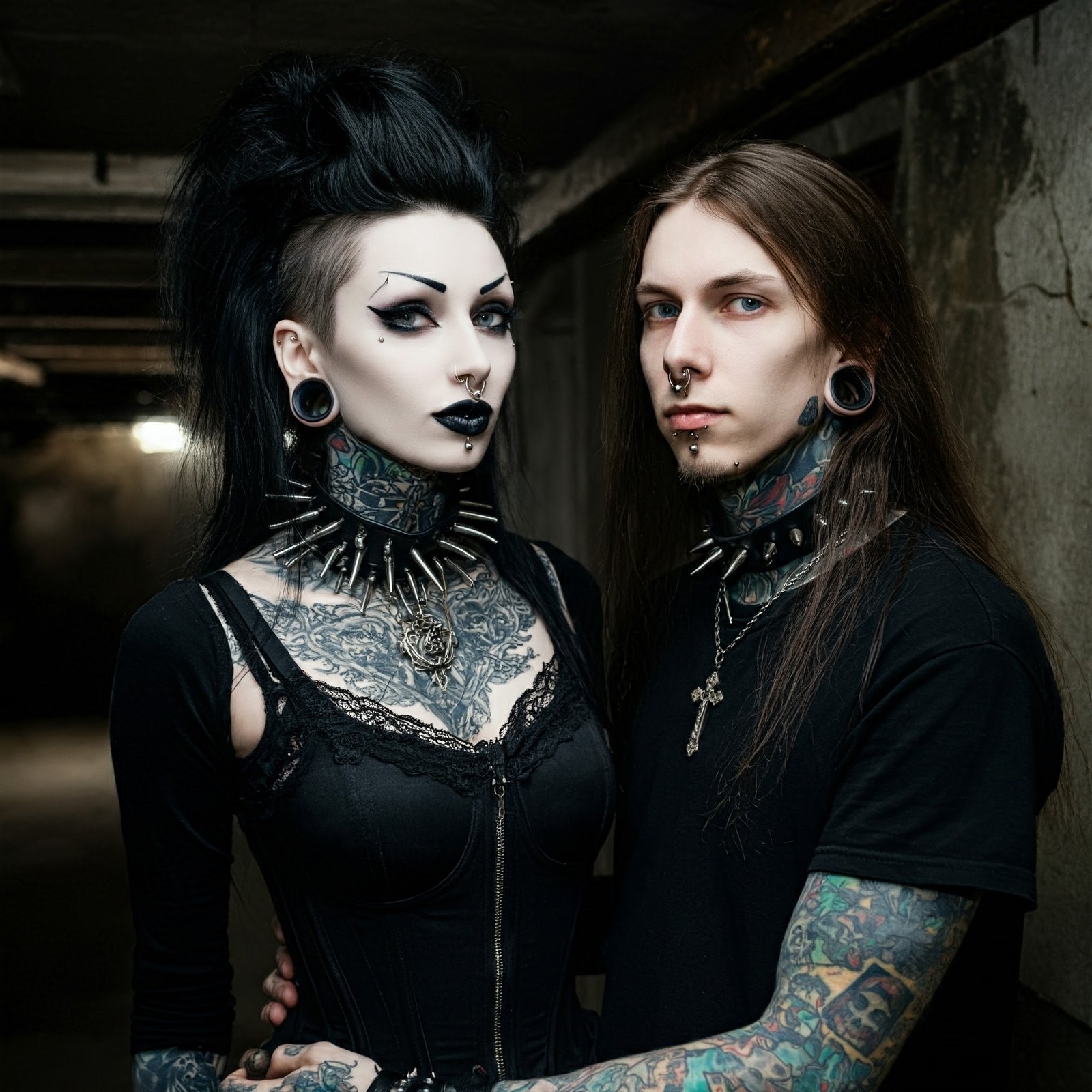 Gothic woman and black metalhead male with piercings, tattoos, and dark attire, standing together in dim, gritty hallway.