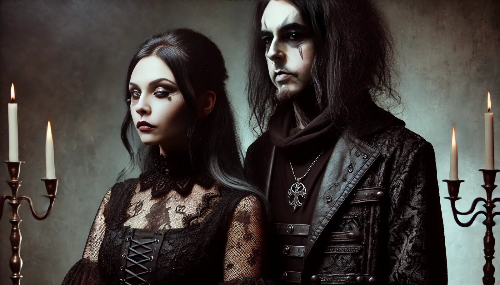 Gothic woman and black metalhead man standing side-by-side, with a solemn expression, representing unity and introspection.