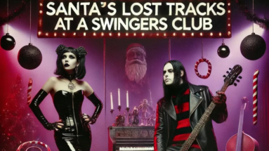 Santa's Lost Tracks at a Swingers Club album cover featuring a gothic woman in black latex and a musician in a leather jacket holding a bass guitar, set against a dark, festive backdrop with Christmas ornaments and candy canes.