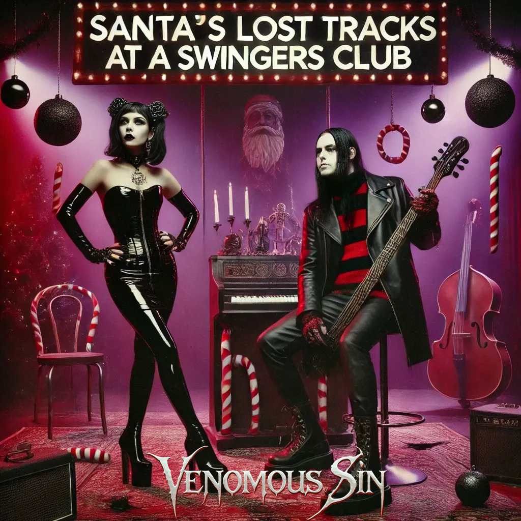 Full album cover of Venomous Sin's 'Santa's Lost Tracks at a Swingers Club' with a gothic couple, a black latex-clad woman, and a leather-clad bassist, surrounded by a piano, Christmas decorations, and a moody holiday atmosphere.