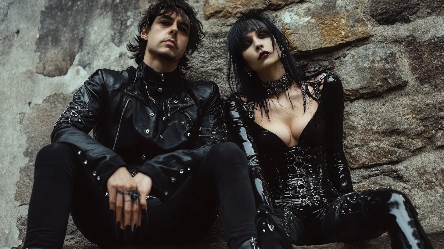 Gothic couple seated against a stone wall; the woman in a black lace corset and the man in a leather jacket, both reflecting a somber, reflective mood.