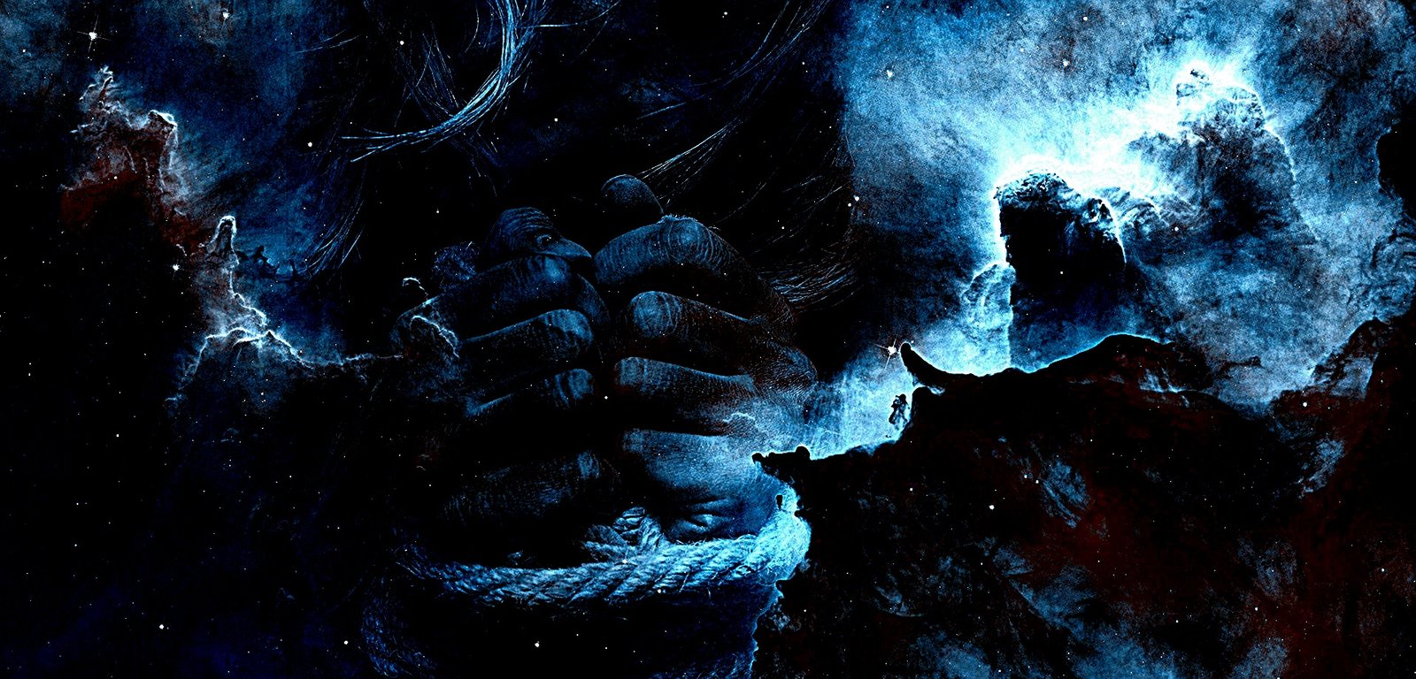 Surreal image of bound hands emerging from a cosmic nebula, blending fantasy and restraint.