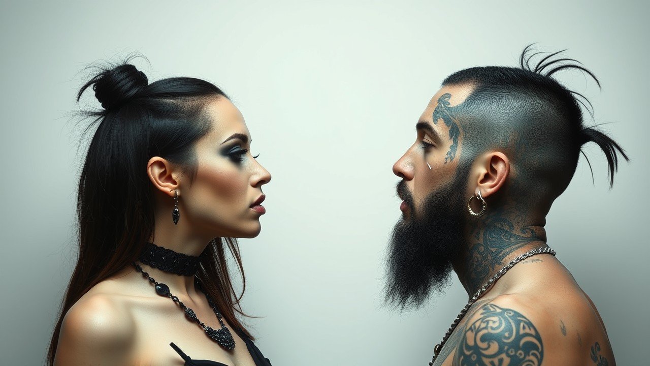 Gothic woman and tattooed man facing each other in profile, showcasing alternative fashion, piercings, and tattoos.