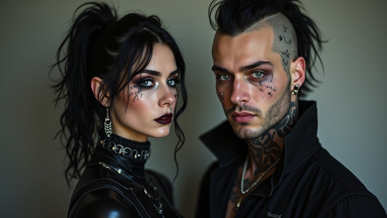 Close-up of gothic woman and metalhead male with piercings, tattoos, dark makeup, against neutral background.