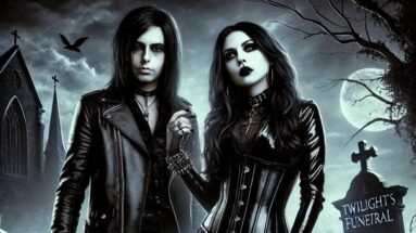 Dark gothic couple in a misty graveyard, with a tombstone that reads 'Twilight's Funeral' and the Venomous Sin.
