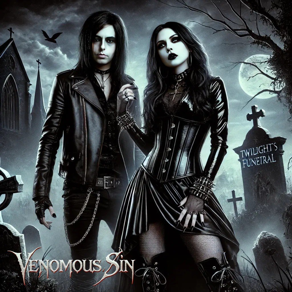Gothic couple in dark attire stands in a moonlit cemetery with a tombstone reading 'Twilight's Funeral' in the background.