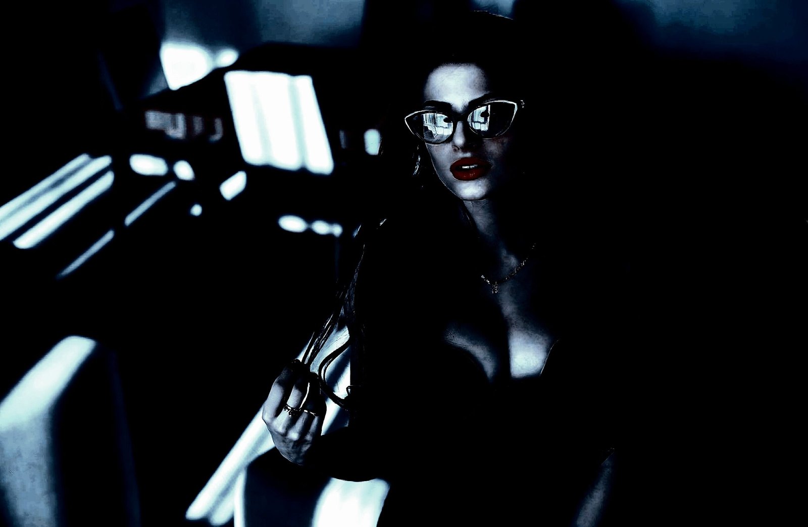 Stylish woman with bold red lipstick and glasses, wearing a low-cut outfit in a moody, dimly lit room.