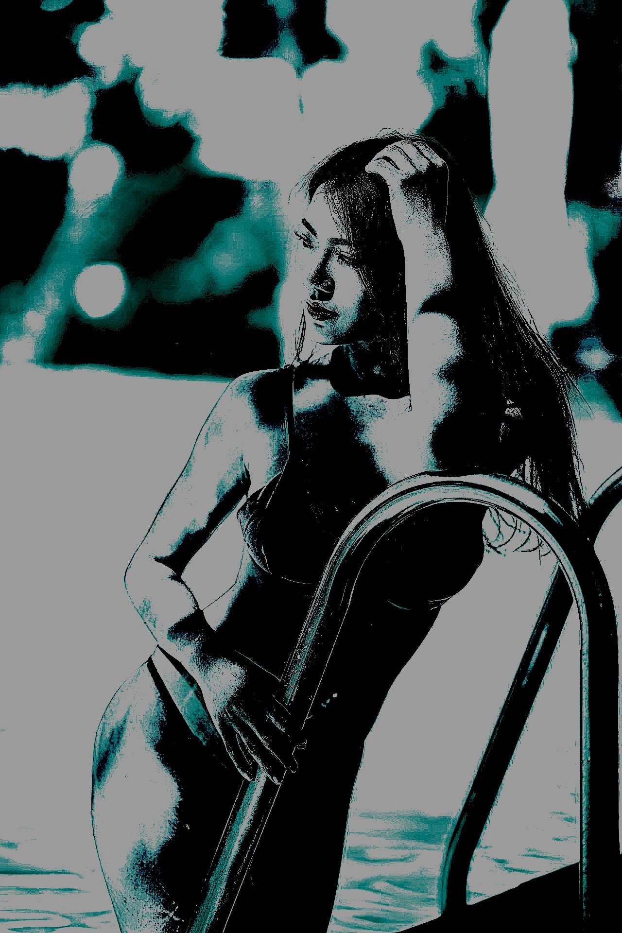 A contemplative woman leaning on a pool ladder, captured with an abstract, moody aesthetic.