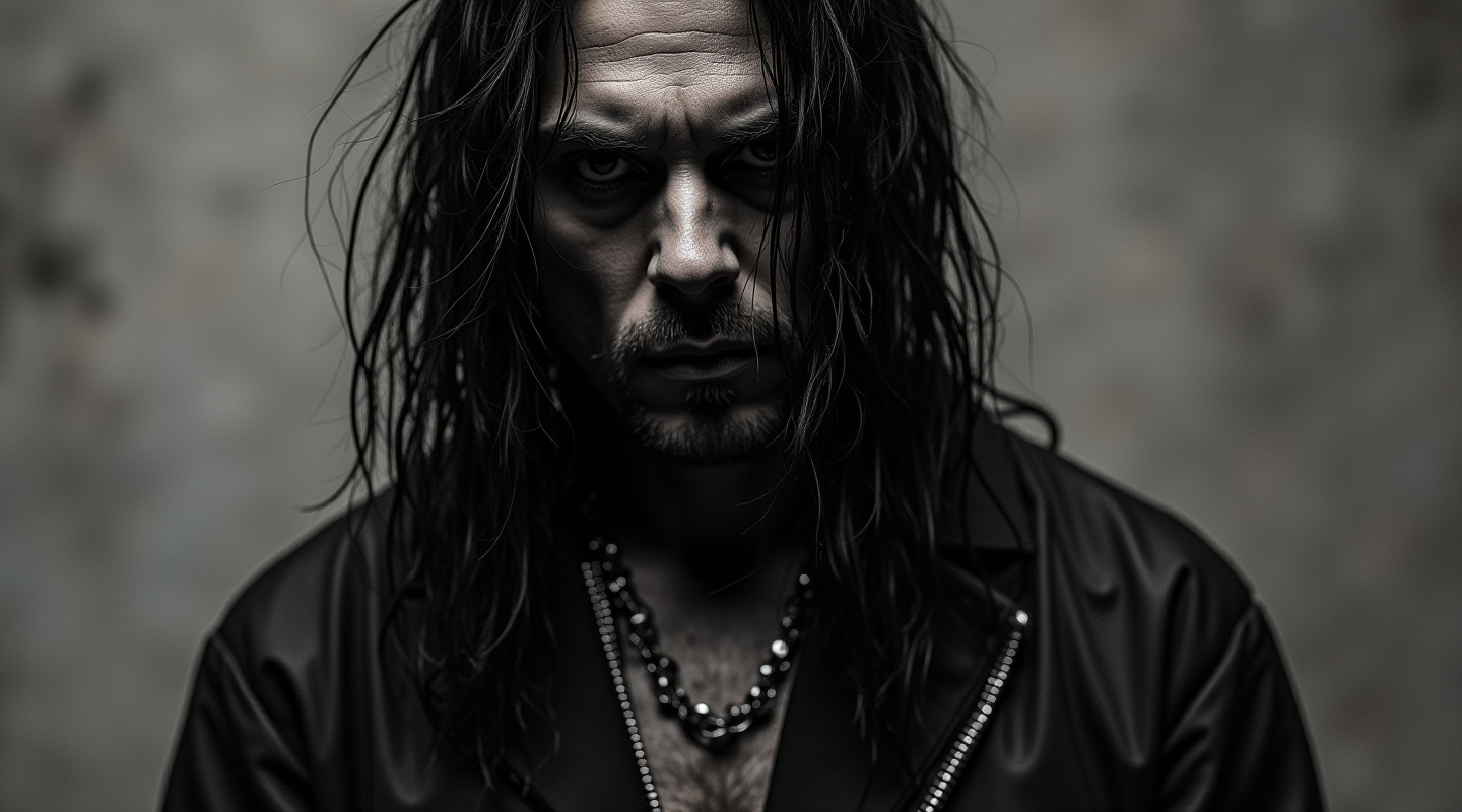A dark portrait of a man with long black hair and a stern expression, wearing a black leather jacket in a dimly lit setting.
