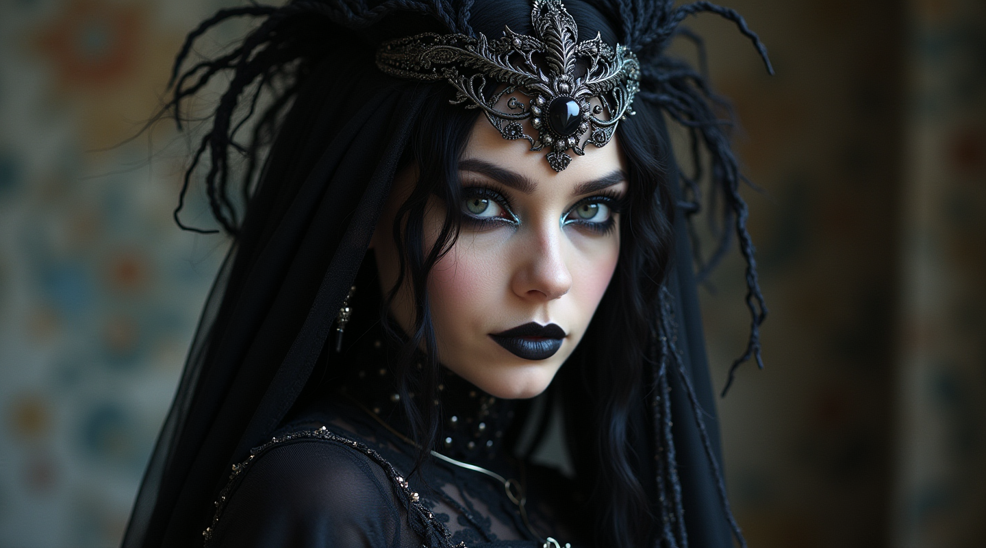 A gothic woman with dramatic makeup and an ornate black headdress, wearing an intricate black gown in a softly lit gothic interior.