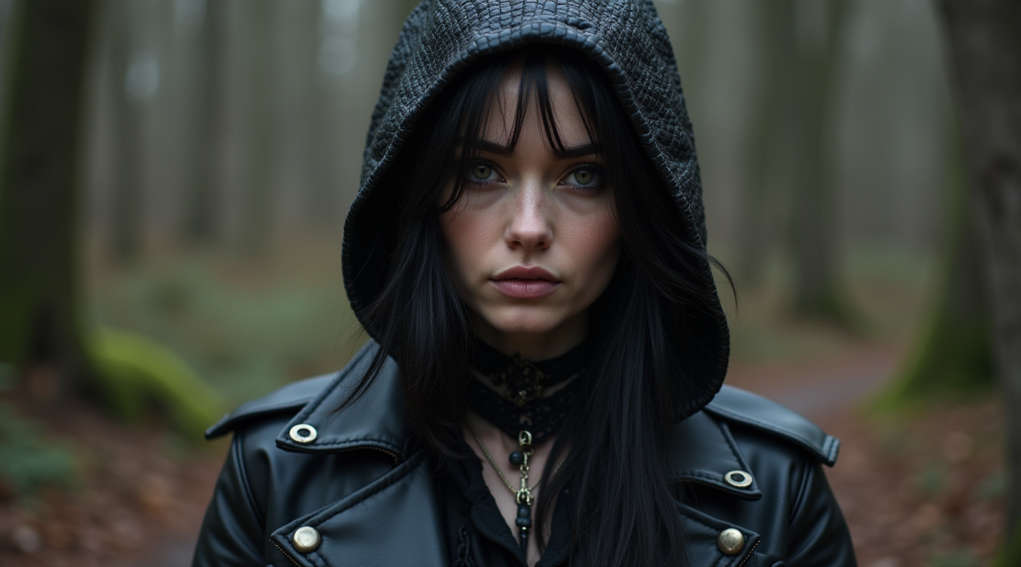 A close-up of a gothic woman with long black hair, wearing a black leather hooded jacket and minimalist gothic accessories, standing in a misty forest.