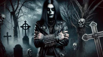 A black metalhead man with corpse paint, long black hair, and a leather jacket adorned with spikes and gothic symbols, standing in a foggy cemetery surrounded by crosses and skulls.