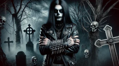 A black metalhead man with corpse paint, long black hair, and a leather jacket adorned with spikes and gothic symbols, standing in a foggy cemetery surrounded by crosses and skulls.