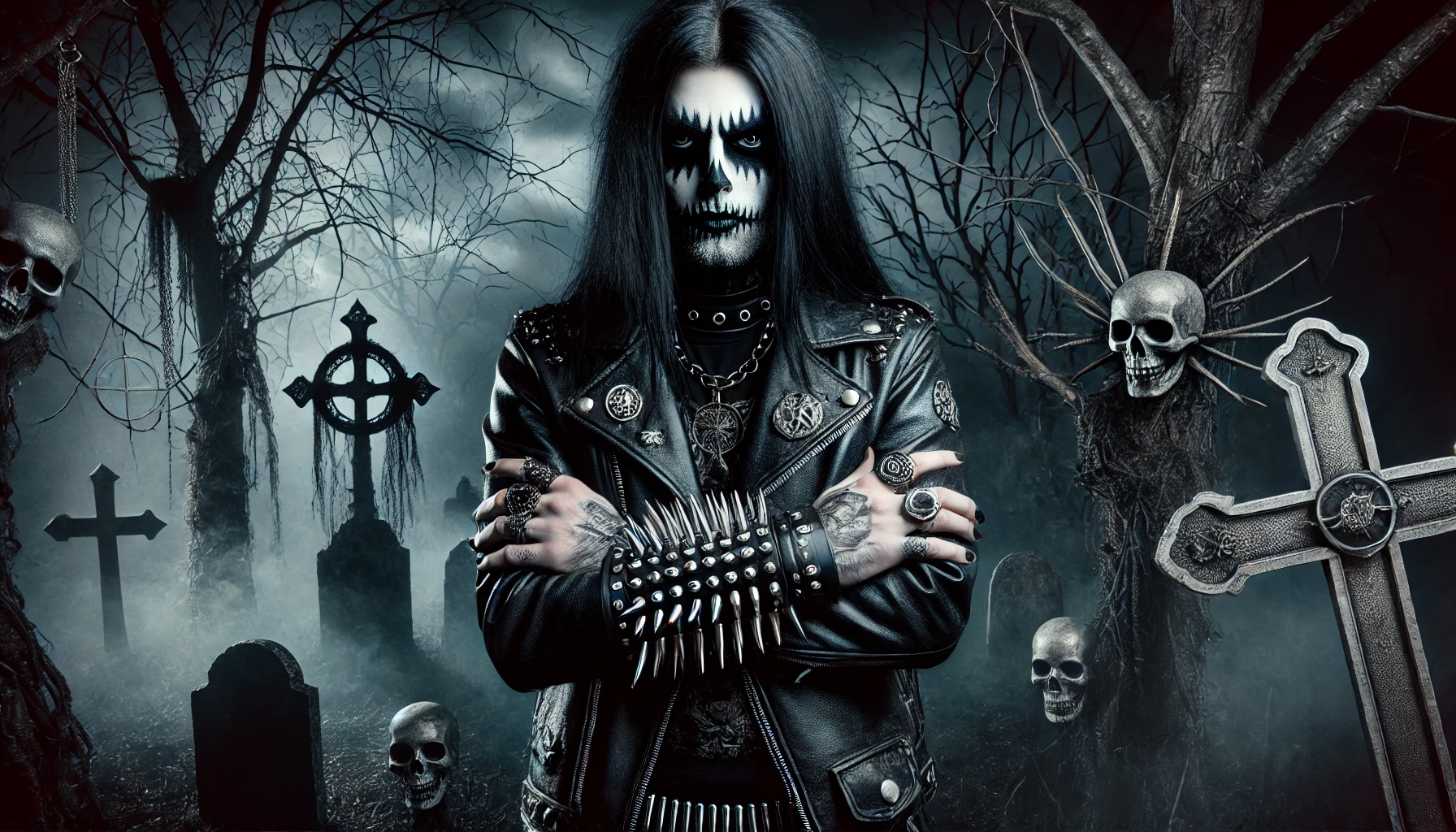 A black metalhead man with corpse paint, long black hair, and a leather jacket adorned with spikes and gothic symbols, standing in a foggy cemetery surrounded by crosses and skulls.