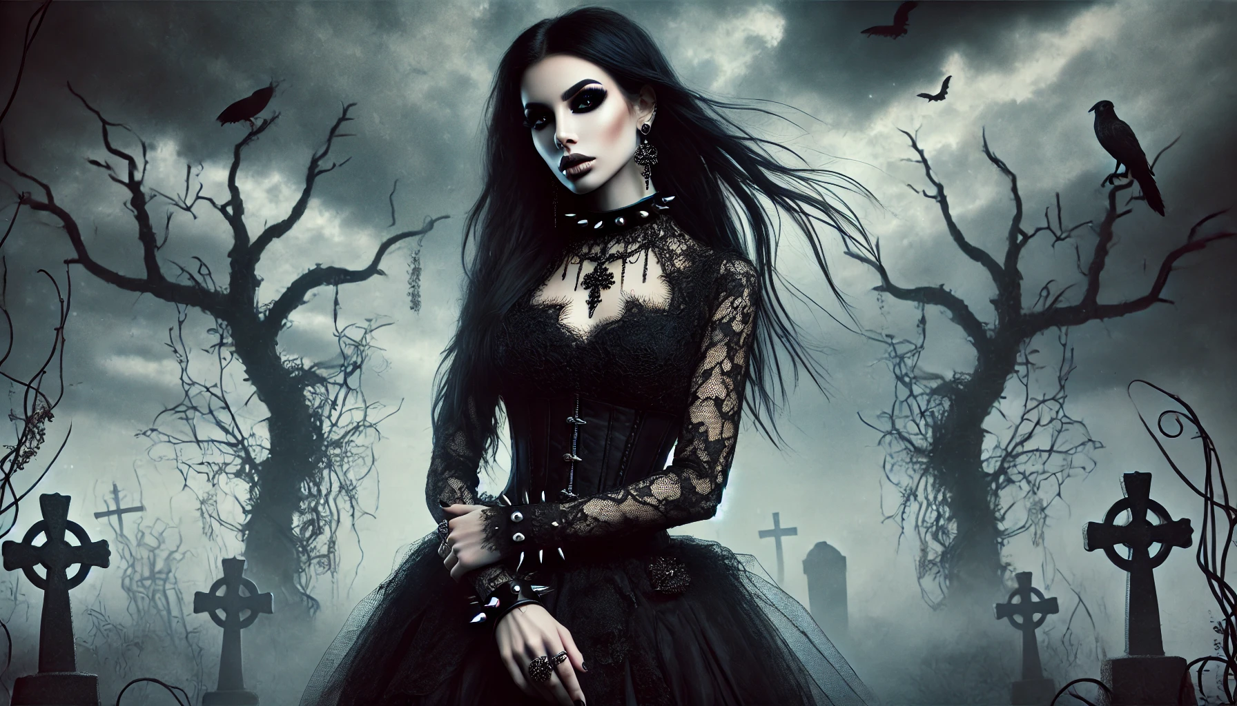 A gothic woman standing in a misty graveyard, wearing a black lace dress and spiked accessories, surrounded by barren trees and crosses under a moody sky.