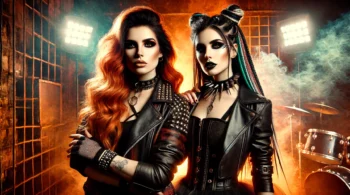 Two gothic women in leather and spikes, standing confidently in a dramatic industrial space with smoke and intense lighting.