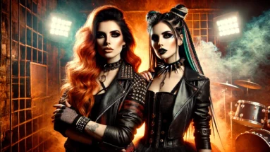 Two gothic women in leather and spikes, standing confidently in a dramatic industrial space with smoke and intense lighting.