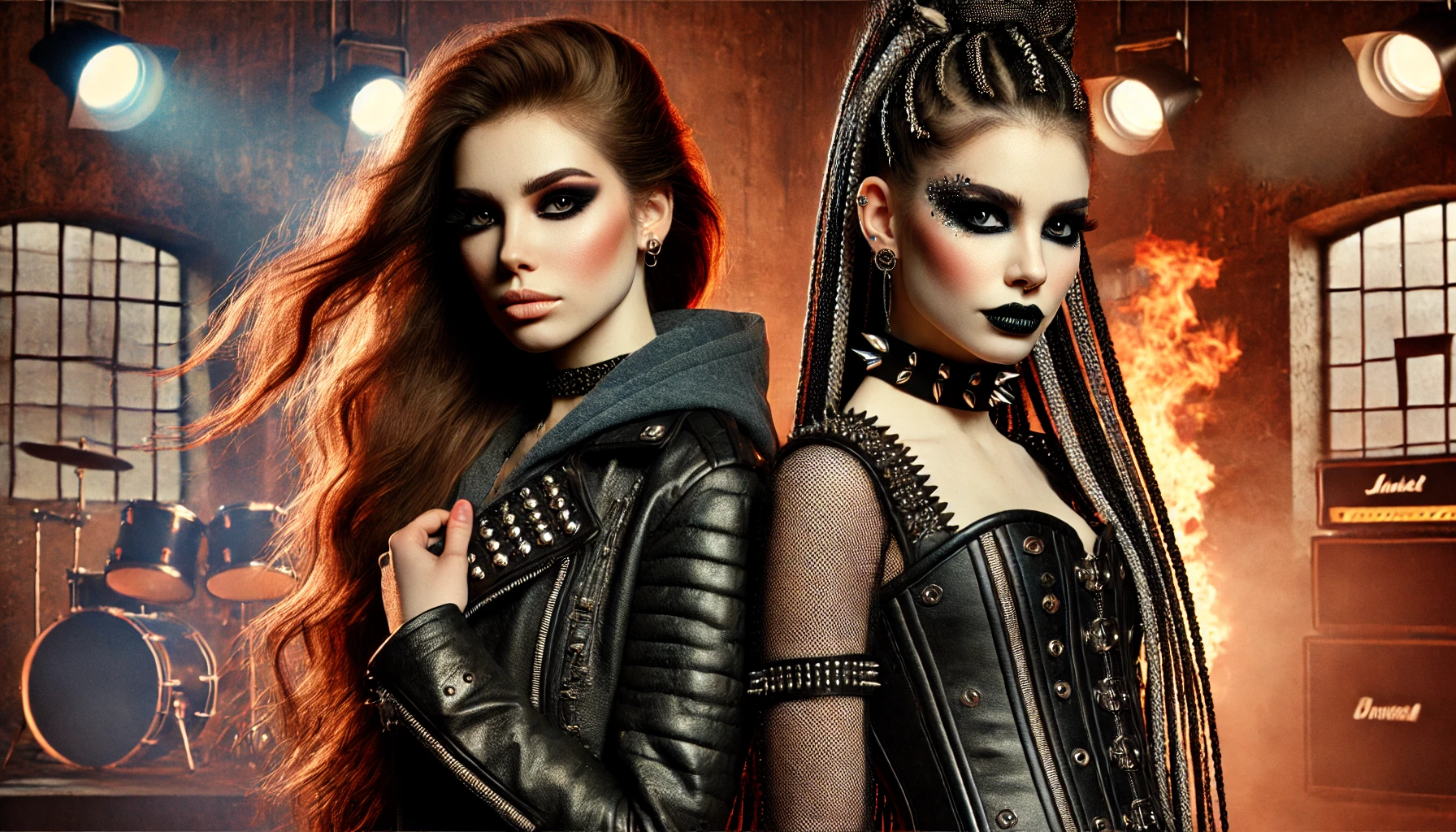 Two fierce heavy metal vocalists standing in an industrial setting with drums and fiery lights in the background.