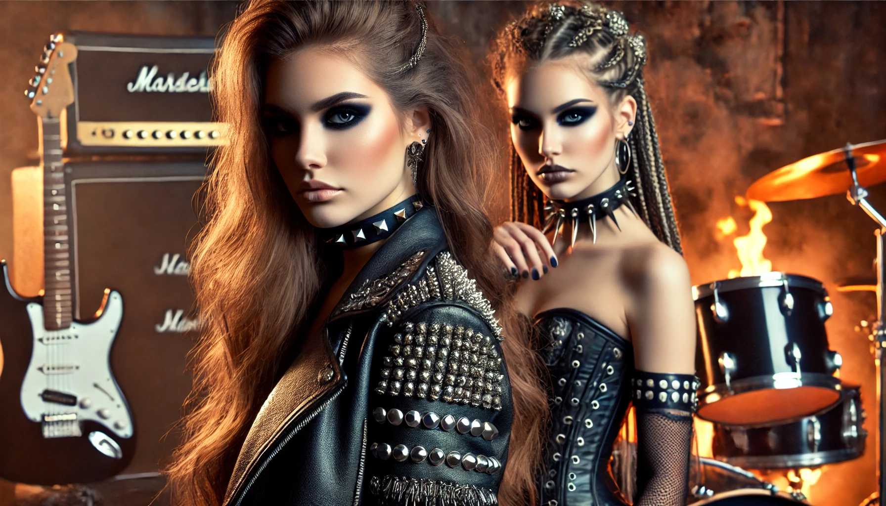 Two gothic-inspired women with bold makeup, studded jackets, and a gritty industrial scene featuring instruments and smoke.