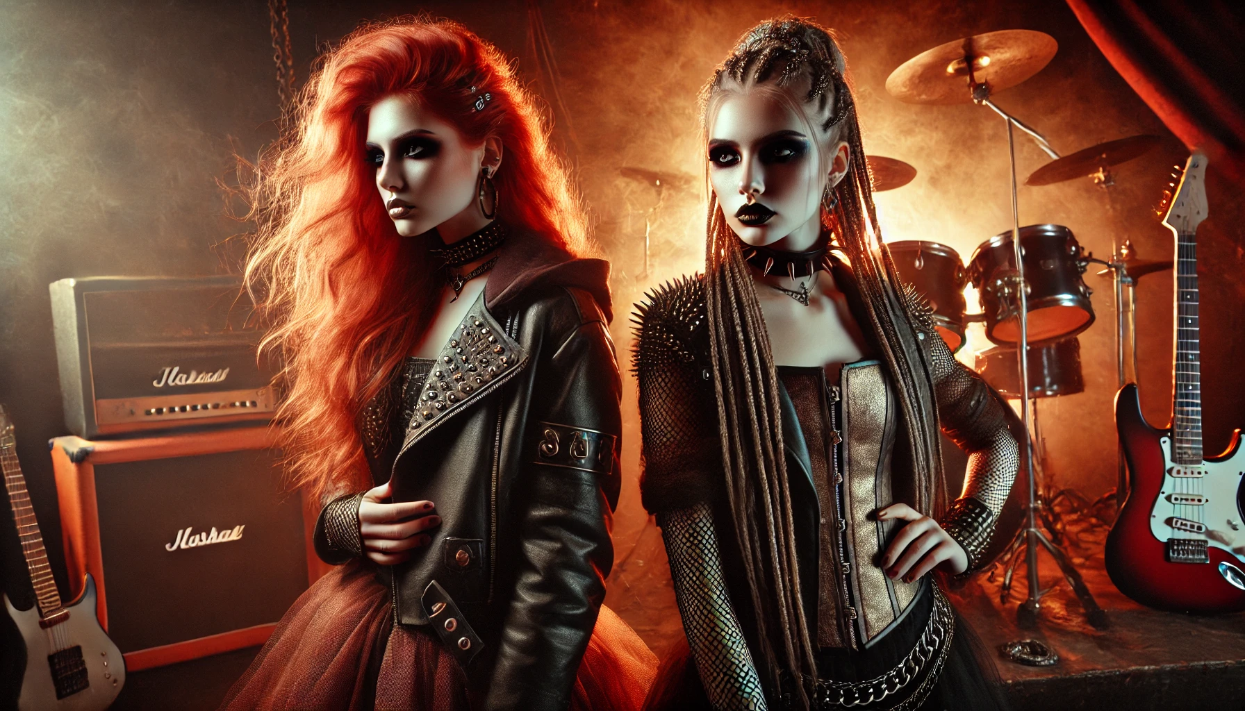 Two heavy metal vocalists in a fiery industrial scene, one with flowing red hair and the other with braided hair, exuding rebellion.