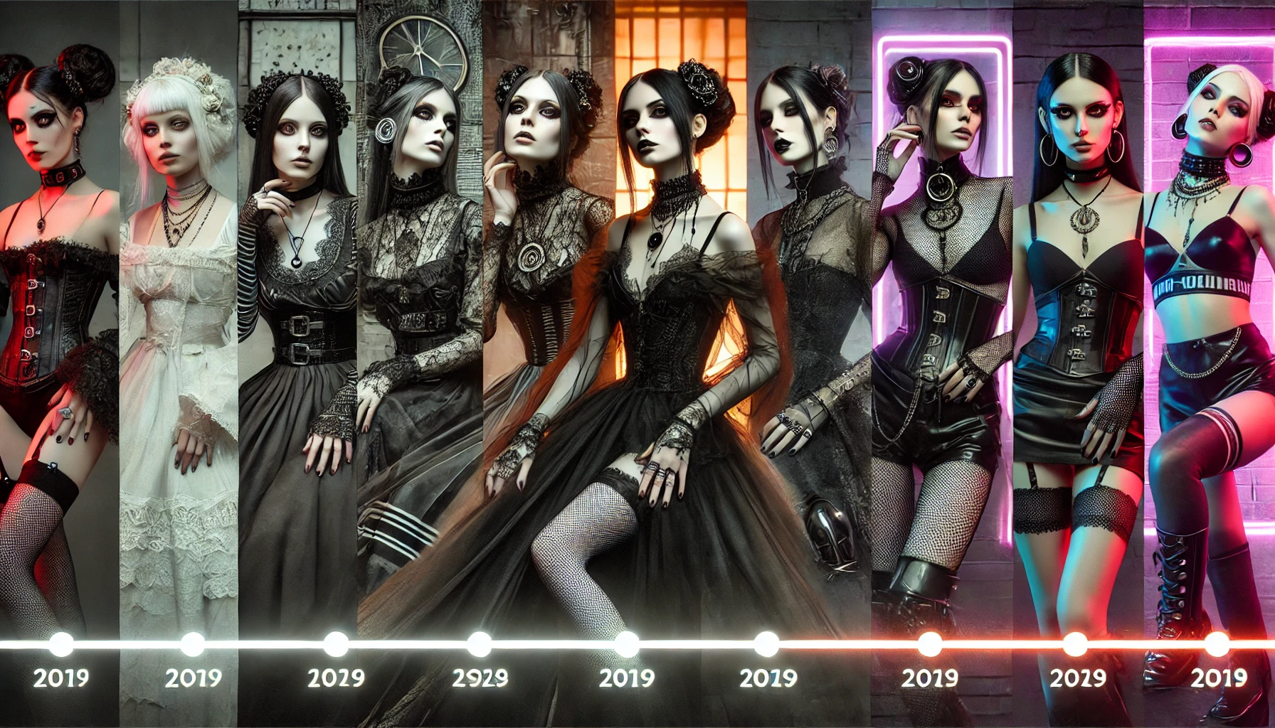 A visually captivating timeline of goth fashion, showcasing traditional Victorian-inspired attire transitioning to bold modern goth aesthetics with leather and neon accents.