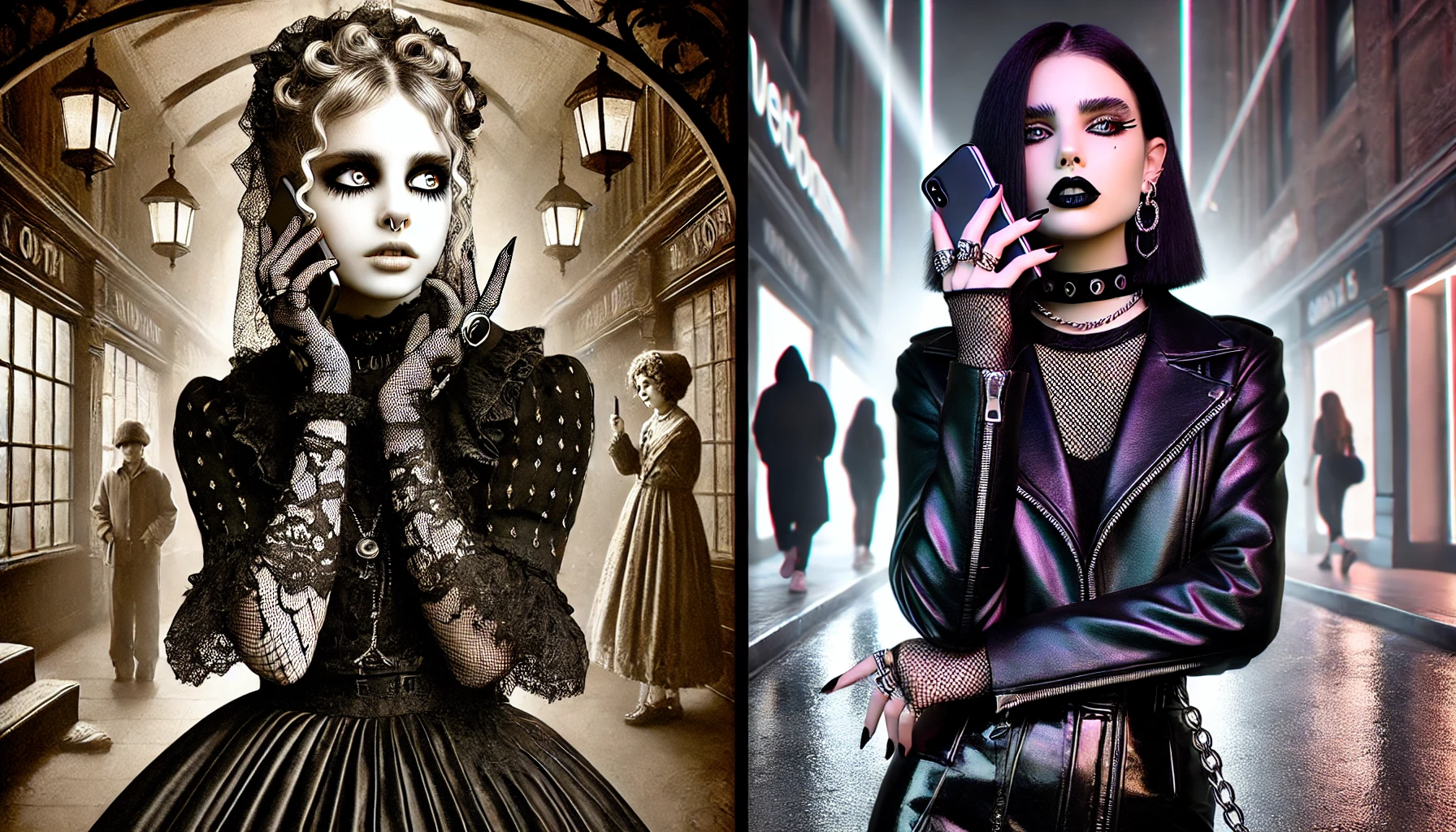 A striking depiction of the evolution of goth fashion, featuring a traditional 1980s goth with teased hair and dramatic makeup alongside a sleek modern goth influencer.