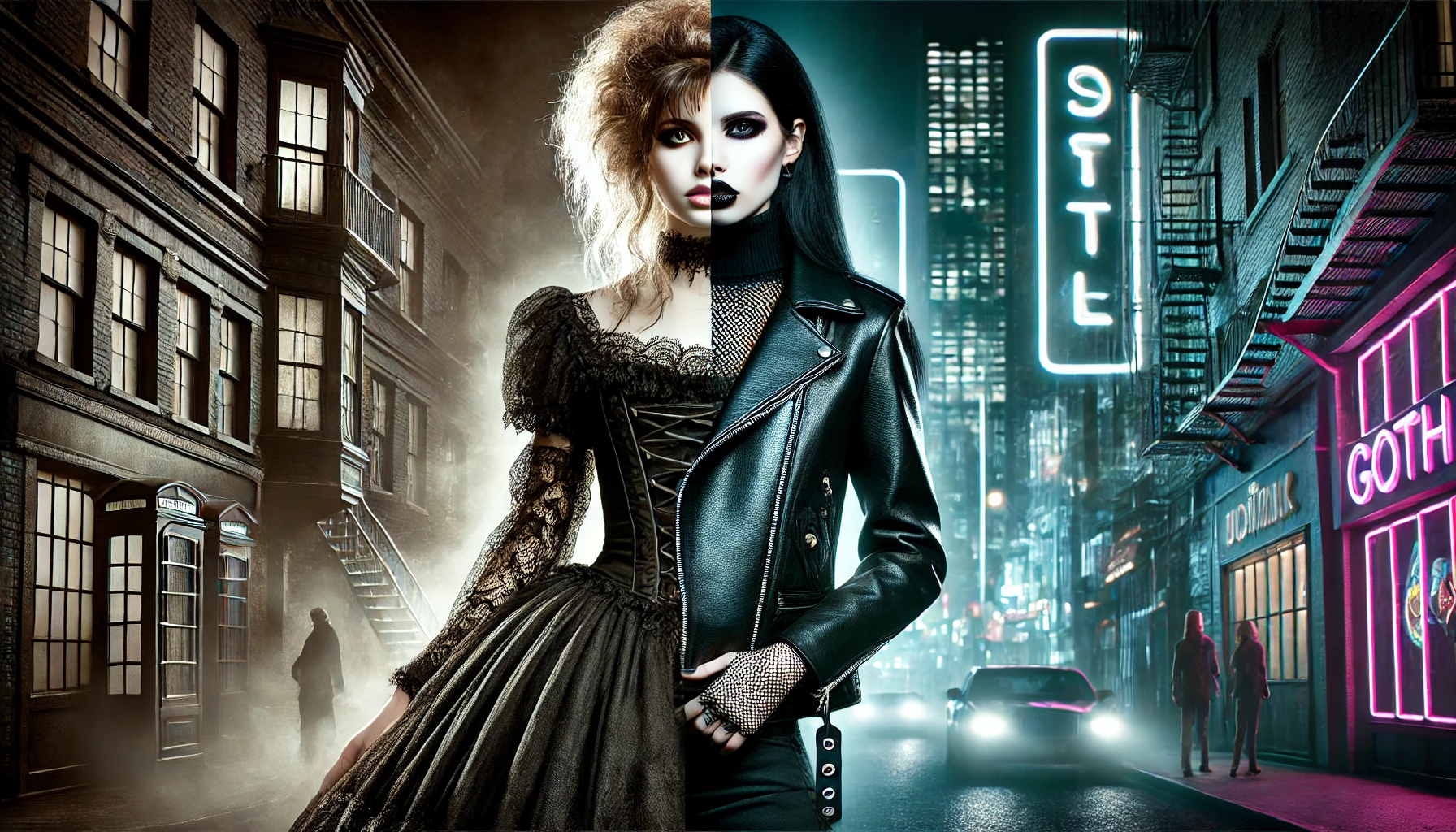 An artistic representation of goth fashion evolution, blending a classic goth from the 1980s in lace attire with a polished modern goth aesthetic in a futuristic cityscape.