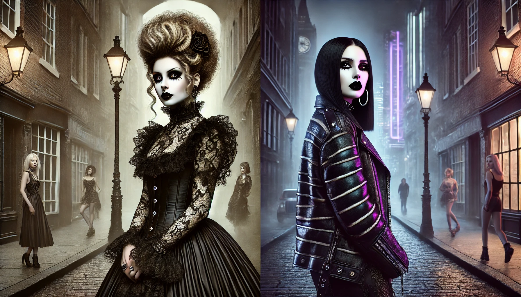 A creative depiction of the evolution of goth fashion, juxtaposing a Victorian-inspired goth in a cobblestone street with a modern goth in a neon-lit urban environment.