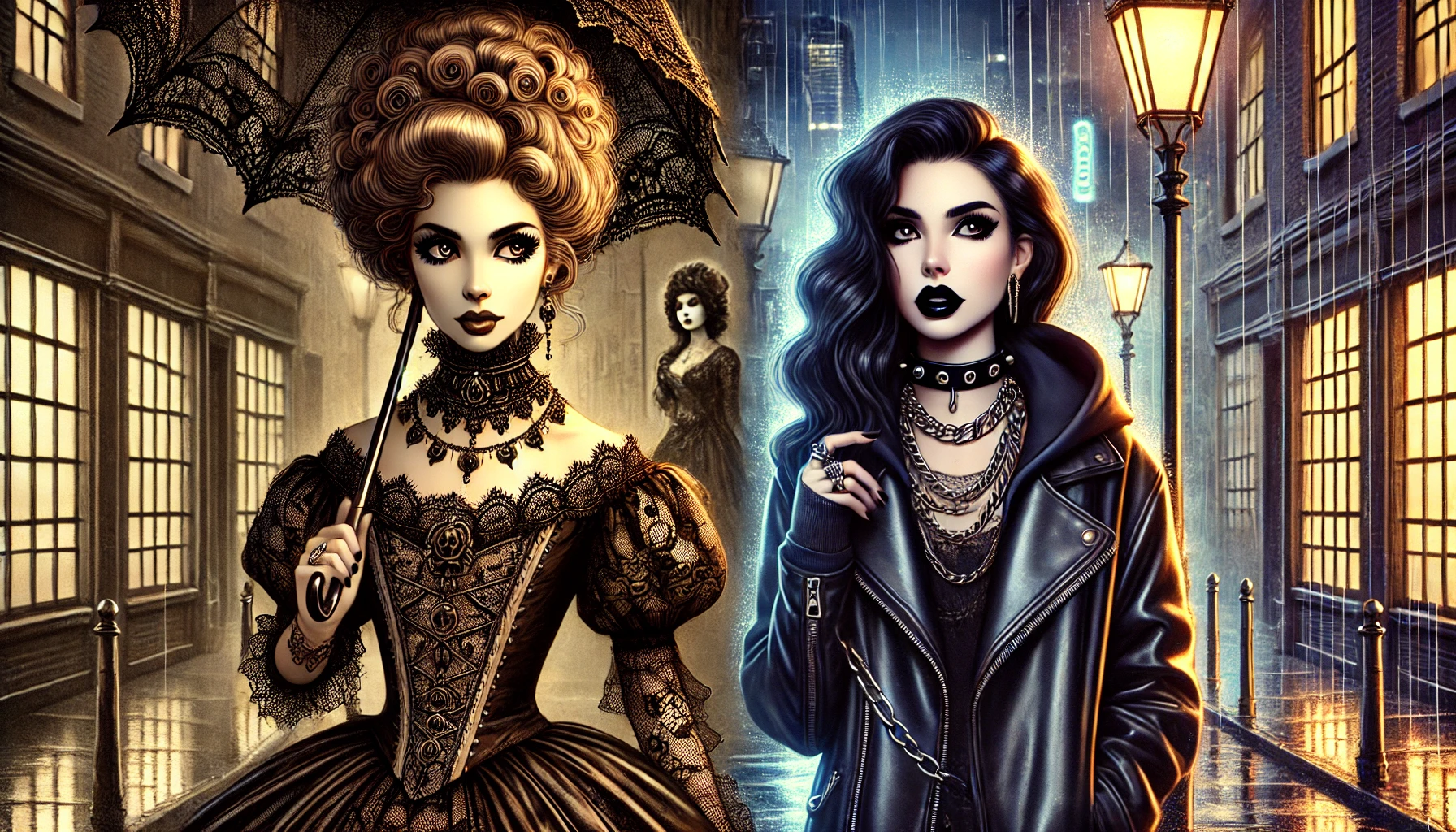 A visually detailed illustration of goth fashion evolution, contrasting traditional Victorian goth elegance with edgy modern styles featuring leather and chains.