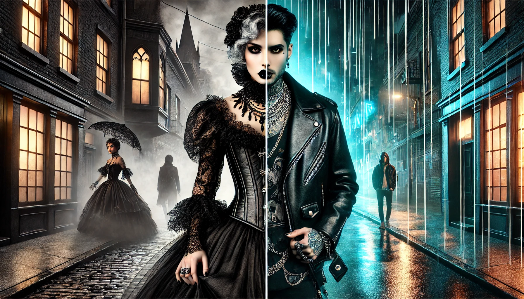 A dramatic representation of goth fashion evolution, contrasting a Victorian-inspired goth in a lace corset with a modern leather-clad goth in a neon-lit urban setting.