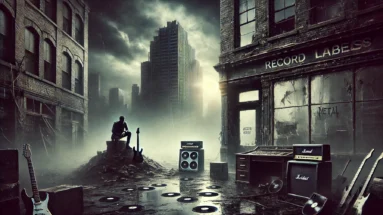 Moody image of a metal musician standing against a crumbling record label in a dystopian cityscape, symbolizing rebellion and change.