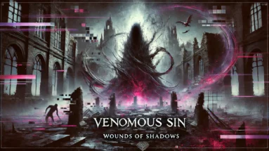 shadowy figure amid urban decay, swirling shadows with red and purple accents, digital glitch effects, and distressed typography in a 16:9 aspect ratio.