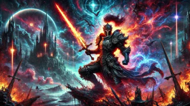 Epic metal scene with a battle-worn knight, cosmic flames, and Gothic ruins, titled 'Now Playing: Gloryhammer'.