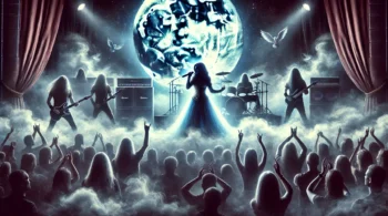 Moonlight Haze symphonic metal concert with a female vocalist, intense lighting, swirling fog, and a full moon in the background.