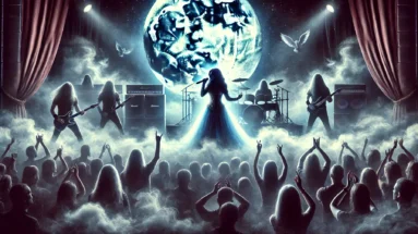Moonlight Haze symphonic metal concert with a female vocalist, intense lighting, swirling fog, and a full moon in the background.