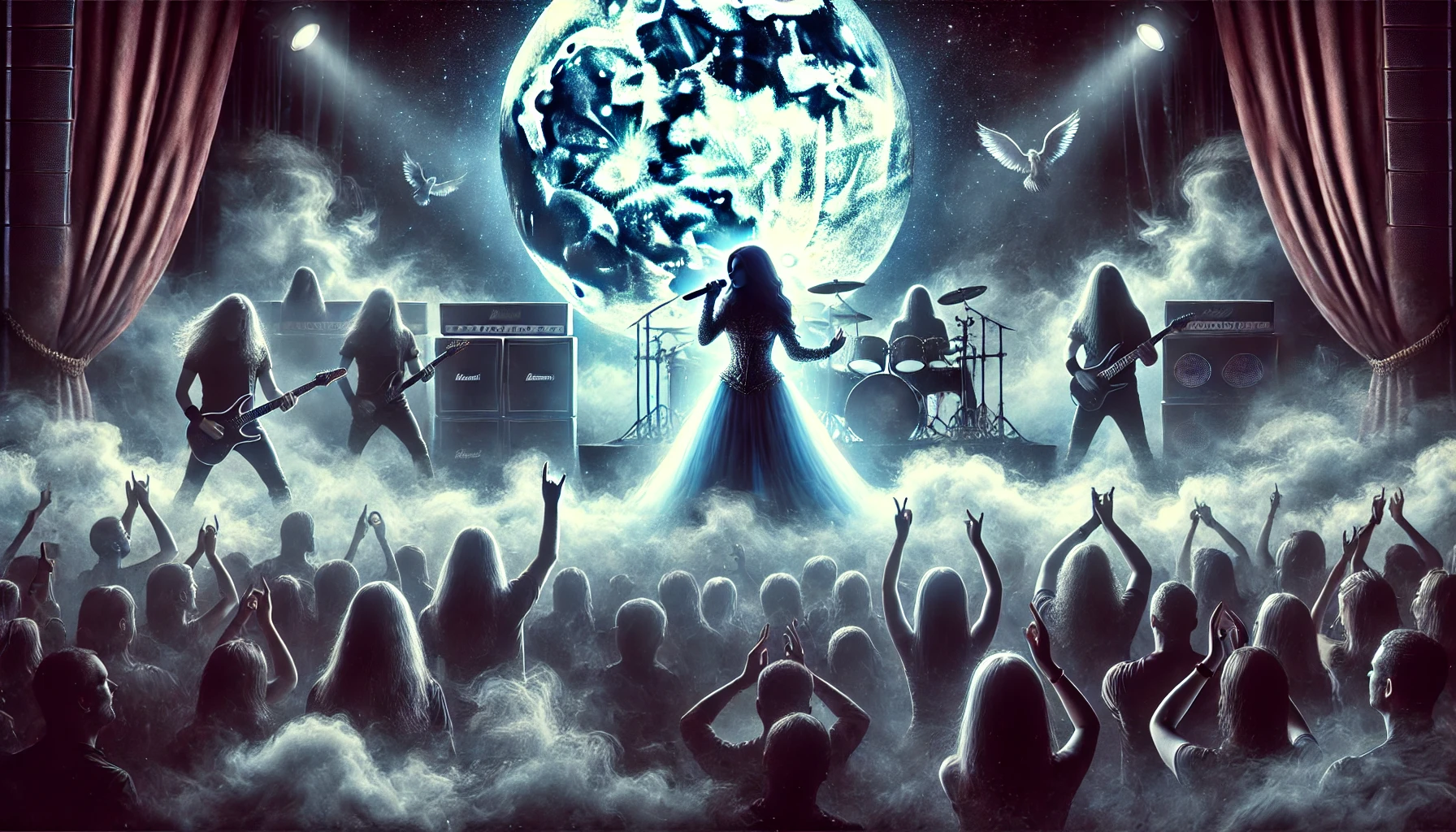 Moonlight Haze symphonic metal concert with a female vocalist, intense lighting, swirling fog, and a full moon in the background.