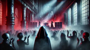 Gothic rock concert featuring Sisters of Mercy, a shadowy figure on stage with eerie red and blue lights, smoke, and dark atmosphere.
