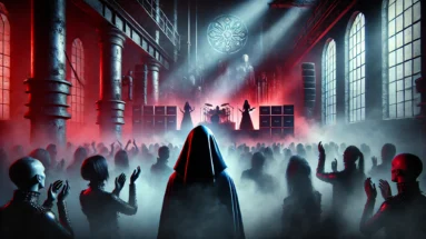 Gothic rock concert featuring Sisters of Mercy, a shadowy figure on stage with eerie red and blue lights, smoke, and dark atmosphere.