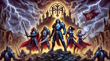 Epic fantasy metal scene featuring Grailknights in superhero-like armor, standing before a stormy castle with lightning and banners.