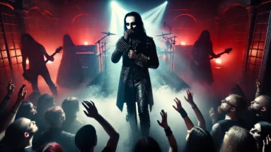 Dark gothic metal concert scene with Lord of the Lost performing live, red and blue stage lights, fog, and a theatrical atmosphere.