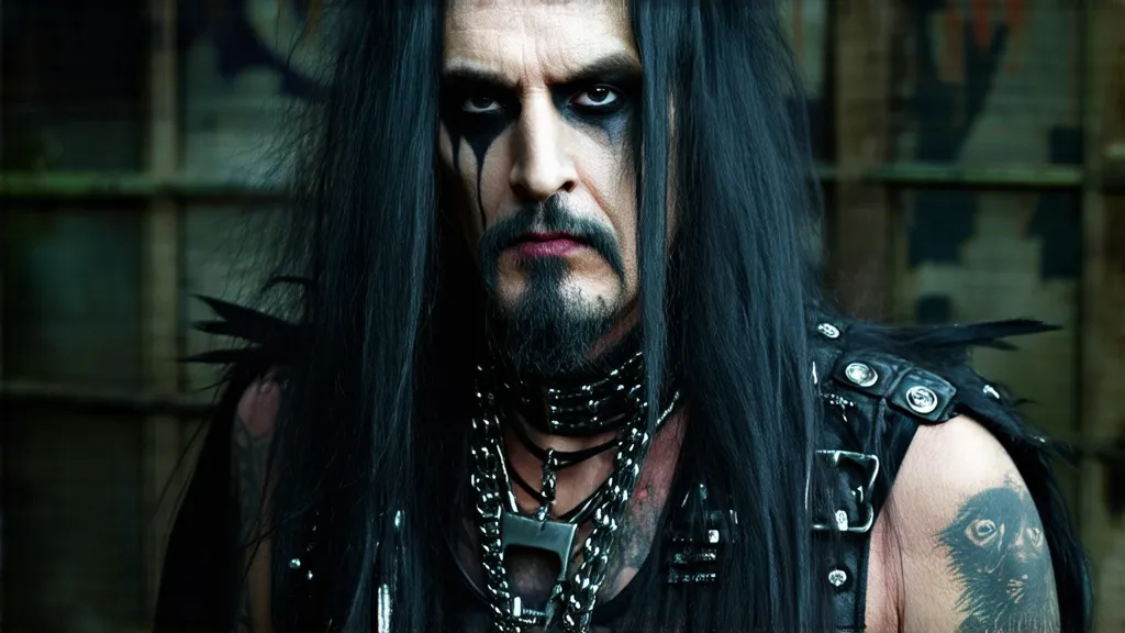 A black metal musician with long black hair and intense corpse paint, wearing a studded leather vest and heavy chain necklace. 
