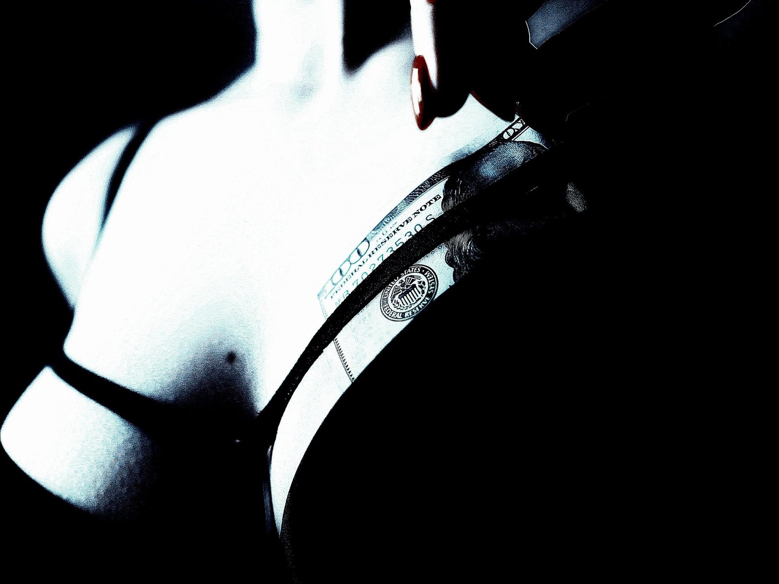 A stylized, high-contrast image of a woman slipping a hundred-dollar bill into her black bra.