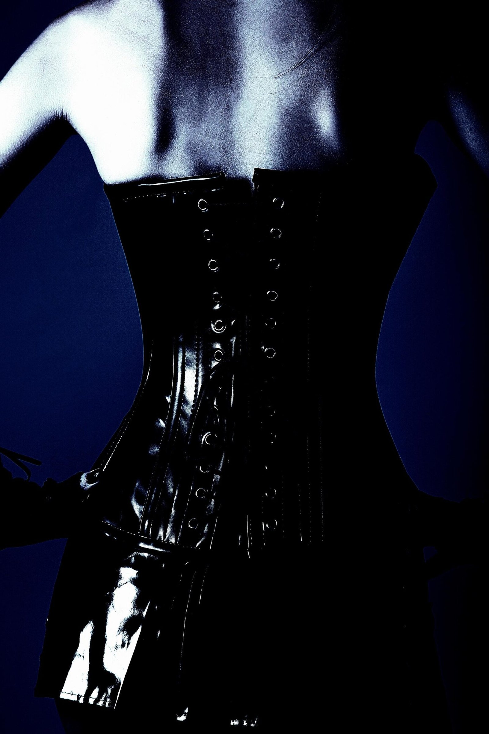 Back view of a woman in a corset with lace-up detailing, showcasing a classic hourglass silhouette.